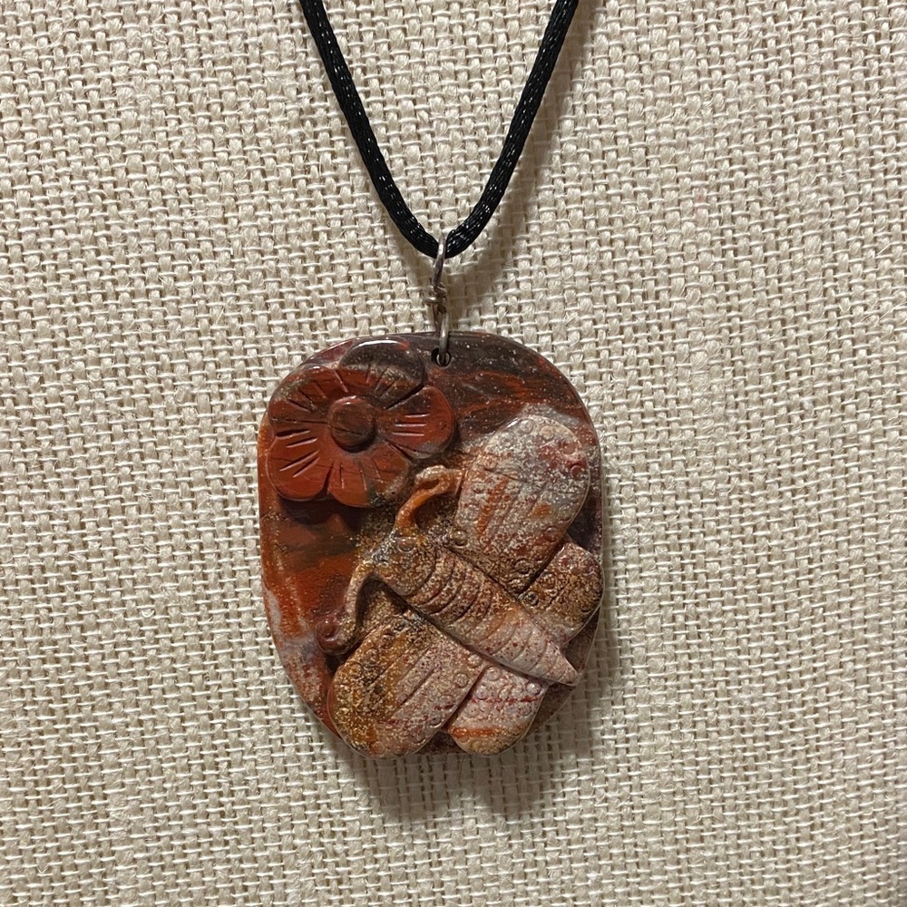 Handcrafted carved poppy Jasper gemstone Pendant black cord 20” Necklace